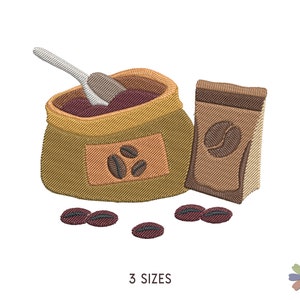 May include: A brown burlap bag filled with coffee beans, a scoop, and a smaller brown bag of coffee beans. The bag has a label with three coffee beans on it. There are four coffee beans scattered on the white background. The text "3 SIZES" is at the bottom of the image.