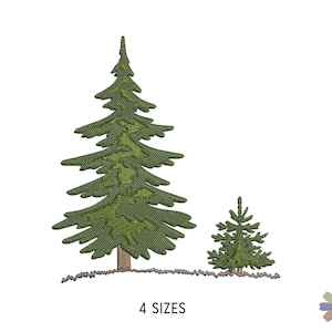 May include: An embroidery design featuring two evergreen trees of different heights in shades of green and brown, with a textured ground line underneath. The text "4 SIZES" is printed in a simple sans-serif font below the trees.