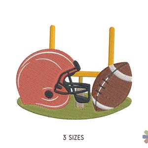 May include: An embroidered design of a red football helmet, a brown football, and a yellow goal post on a green field. The design includes the text "3 SIZES".