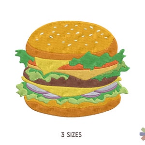 Könnte beinhalten: Ein farbenfrohes gesticktes Design eines Doppel-Burgers mit Salat, Tomate, Käse und Zwiebel.