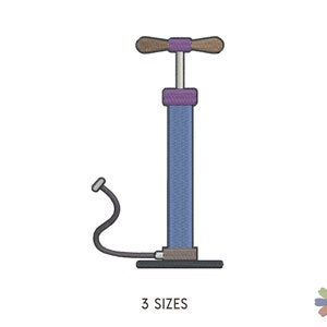 May include: A blue and purple bicycle pump with a brown handle and a black hose. The pump has a base and a long cylinder with a handle on top.