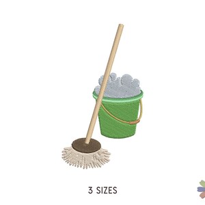 May include: A green bucket with white soapy bubbles and a brown mop handle with a white mop head. The bucket and mop are a cleaning set.