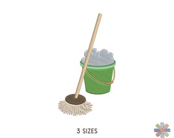 Cleaning Mop and Green Bucket with Soap Embroidery Design. Machine Embroidery Pattern. Cleaning Home Elements. Instant Download Digital File