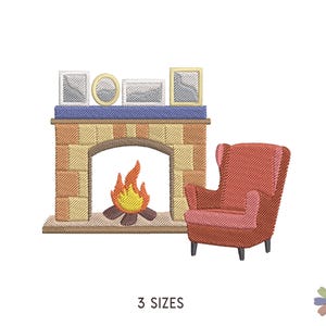 Puede incluir: Una chimenea de ladrillo con fuego y un sillón rojo delante. Hay cuatro cuadros enmarcados encima de la chimenea.