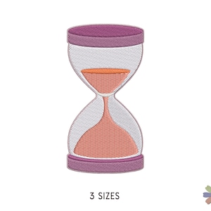 May include: An embroidered hourglass with a purple top and bottom, a white body, and orange sand inside. The hourglass is on a white background.