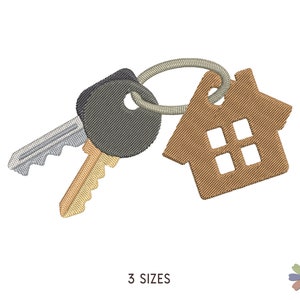 May include: A brown house-shaped key chain with two keys attached. The keys are silver and gold.