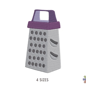May include: A gray grater with a purple handle and top. The grater has multiple rows of round holes and two curved slots. The text "4 SIZES" is at the bottom.