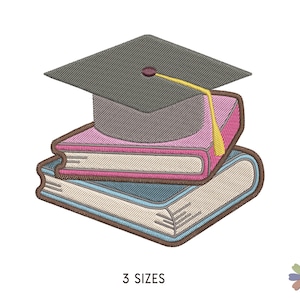 Bücher und Abschlusskappe Embroidery Design. Maschinenstickmuster. Bildung Elemente Szene. Sofortiger Download Digitale Datei