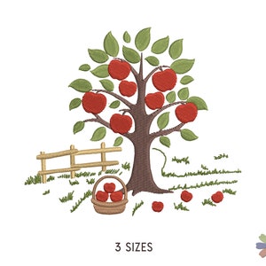 May include: Embroidered design of a red apple tree with a brown trunk and green leaves. There is a wooden fence, a basket of red apples, and red apples scattered on the ground.