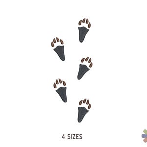 May include: An embroidery design featuring five dark gray animal paw prints with brown claws arranged in a vertical trail. The paw prints have a textured stitch pattern. The text 4 SIZES is printed in black below the paw prints.