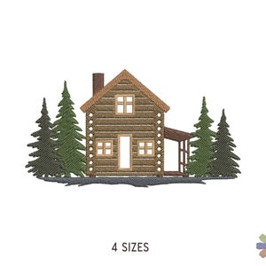 Wooden Cabin in Evergreen Trees Embroidery Design: Forest Nature Scene (Multi Format Pattern)