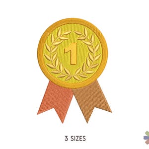 May include: A gold-colored medal with a laurel wreath and the number "1" in the center. The medal is attached to a ribbon with orange and brown stripes.