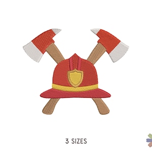 May include: Red and yellow firefighter helmet with two crossed axes. The axes have brown handles and white and red blades. The helmet has a yellow shield on the front. 3 SIZES.