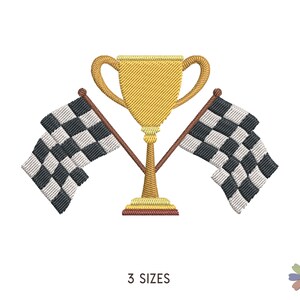 May include: A gold trophy with a checkered racing flag on each side. The trophy is on a wooden base. The flags are black and white.