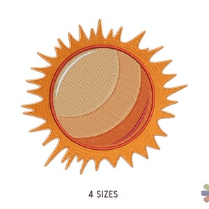 May include: Embroidered sun design with orange and yellow hues. The sun has a textured center and spiky rays. The text "4 SIZES" is below the sun. A floral logo is in the bottom right corner.