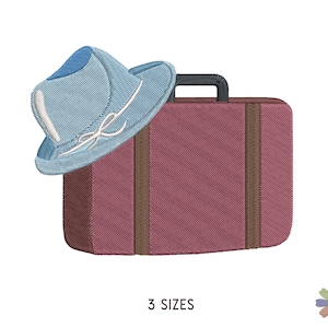 Reisetasche und Herrenhut Urlaub Stickdatei. Maschinenstickmuster . Lifestyle-Reisen-Szene. Sofortiger Download digitale Datei