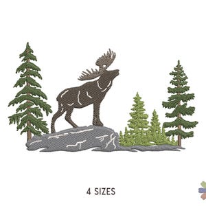 Walking Moose in Pine Fir Forest Onni Embroidery Design: Animals Scene (Multi Format Pattern)