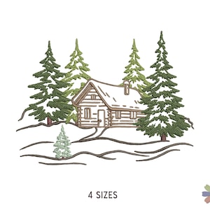 May include: An embroidery design featuring a brown log cabin nestled among several evergreen trees with white snow accents on the roof and branches. The scene includes a small pine tree in the foreground and the text 4 SIZES at the bottom.