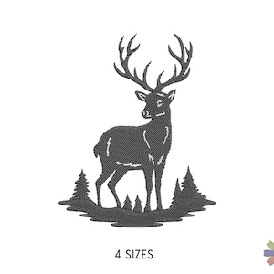 May include: A dark gray machine embroidery design featuring a standing stag with large antlers, positioned in a forest setting with stylized pine trees at the base. The text 4 SIZES is printed in a simple sans-serif font below the graphic.