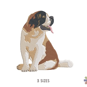 May include: Embroidered design of a brown and white Saint Bernard dog sitting with its tongue out. The dog is facing to the right.