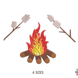 Feu de camping avec motif de broderie de guimauves. Motif de broderie machine. Scène de camping de style de vie. Téléchargement instantané du fichier numérique