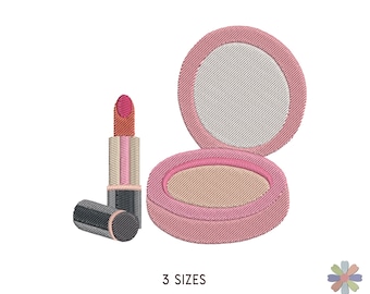 Design di ricamo di scatola di polvere rosa e rossetto rosso trucco. Modello di ricamo a macchina. Scena del trucco. Download immediato del file digitale