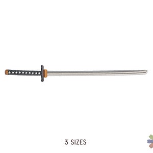 May include: A black and silver embroidered katana sword with a brown handle. 3 SIZES.