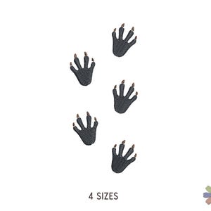 May include: An embroidery design featuring five dark grey, textured dinosaur or reptile footprints arranged in a vertical pattern. Each footprint has four distinct toes with small, pointed brown claws. The text 4 SIZES is printed below.
