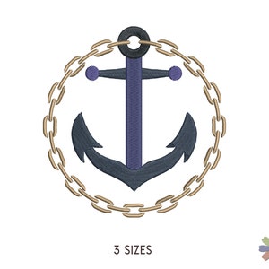 May include: A blue anchor with a gold chain circle around it. The anchor has a purple top and two small purple circles on the arms. The text "3 SIZES" is below the image.