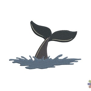 May include: An embroidered patch featuring a dark grey whale tail emerging from a splash of blue water. The design uses dense stitching to create texture and depth, showing the tail fluke angled upward above the stylised, rippling water surface.