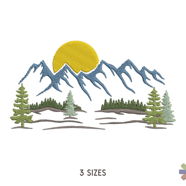 Mountains in Forest on Sunset Landscape Embroidery Design Thorti. Machine Embroidery Nature Pattern. Instant Download Digital File