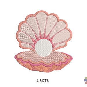 May include: An embroidered patch featuring an open seashell in shades of light pink and peach, containing a large, circular white pearl in the center. The design includes the text 4 SIZES printed in black below the shell illustration.