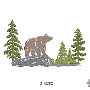 Walking Bear in Pine Fir Forest Twinni Embroidery Design. Machine Embroidery Pattern. Animals Scene. Instant Download Digital File