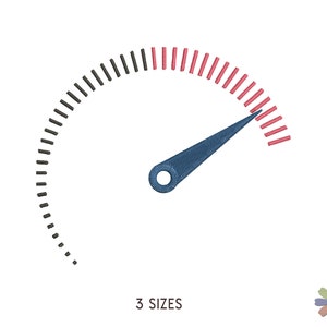 May include: A blue and red gauge with a needle pointing to the right. The gauge is divided into sections, with the red section indicating a high level. The text "3 SIZES" is below the gauge.