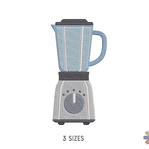 May include: A blue and gray blender with a white stripe design. The blender has a round knob on the front and a tall, narrow container.