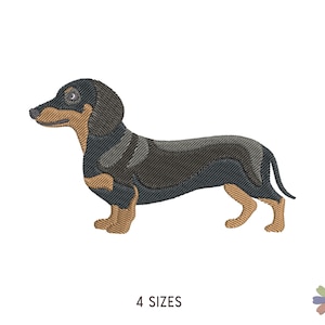 Könnte beinhalten: Ein gesticktes Design eines schwarz-lohfarbenen Dackels im Profil, nach links ausgerichtet. Der Hund zeigt detaillierte Stickereien in Schwarz, Dunkelgrau und Hellbraun. Unter dem Hund steht der Text 4 SIZES neben einem kleinen Blumensymbol.