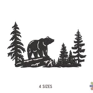 May include: A black machine embroidery design featuring a silhouette of a bear standing on a rocky outcrop surrounded by four pine trees of varying heights. The text 4 SIZES is printed in black below the embroidery design on a white background.