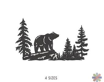 Walking Bear in Pine Fir Forest Embroidery Design: Animals Scene (Multi Format Pattern)