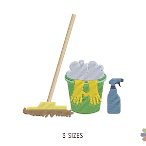 May include: A green bucket with yellow rubber gloves, white foam, and a blue spray bottle. A brown and yellow mop with a wooden handle is next to the bucket.