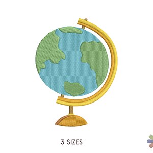May include: A yellow globe with a green and blue world map on a yellow stand. The globe is on a white background. 3 SIZES.