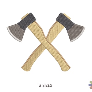 Könnte beinhalten: Zwei gekreuzte Äxte mit Holzstielen und grauen Metallköpfen. Die Äxte sind in Form eines 'X' gekreuzt.