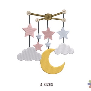 May include: Embroidered baby mobile featuring stars, clouds, and a crescent moon in soft pastel colors. The mobile has a brown frame with hanging elements. The text "4 SIZES" is displayed below the mobile.