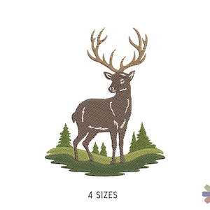 May include: An embroidery design featuring a brown deer with large antlers standing in a green grassy field with small pine trees. The text 4 SIZES is printed in black below the deer. The design is rendered in a textured stitch pattern.