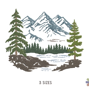 Forest Pine Trees and Mountains Lake Embroidery Design. Machine Embroidery Forest Pattern. Nature Scene. Instant Download Digital File