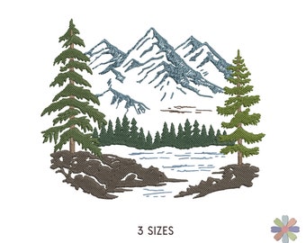 Forest Pine Trees and Mountains Lake Embroidery Design. Machine Embroidery Forest Pattern. Nature Scene. Instant Download Digital File