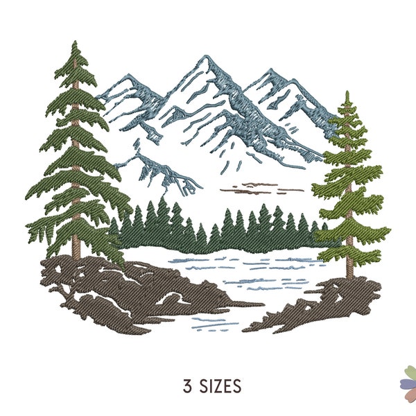 Forest Pine Trees and Mountains Lake Embroidery Design. Machine Embroidery Forest Pattern. Nature Scene. Instant Download Digital File