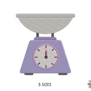 May include: A purple kitchen scale with a white bowl and a clock face with a red hand. The scale has a white dial with black numbers and a black hand.
