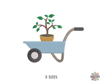 May include: A blue wheelbarrow with a green plant in a brown pot. The wheelbarrow has a gray handle.