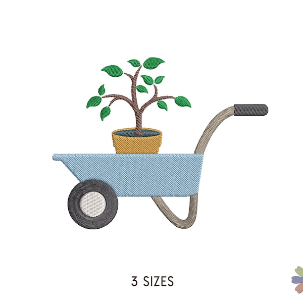 Gardening Wheelbarrow and Tree Embroidery Design. Machine Embroidery Pattern. People Professions Scene. Instant Download Digital File