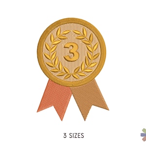May include: Gold-colored award ribbon with a laurel wreath and the number "3" in the center. The ribbon is tied in a bow at the bottom.